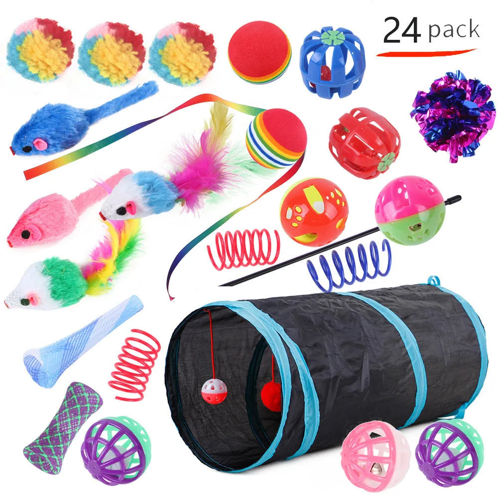 Plastic cat toy channel maze set with coloured accessories for feline play