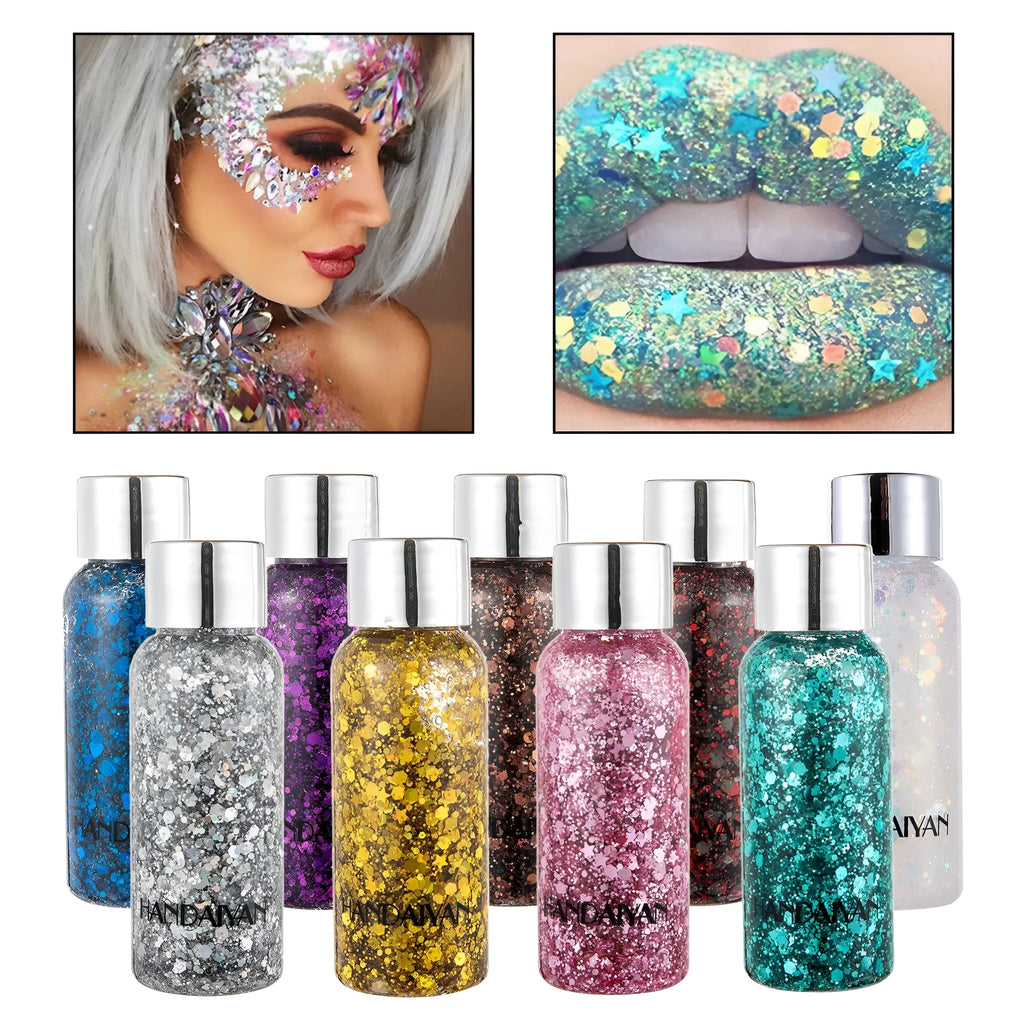Chunky glitter body gel with laser sequins in a small pot, suitable for face hair nails and body decoration