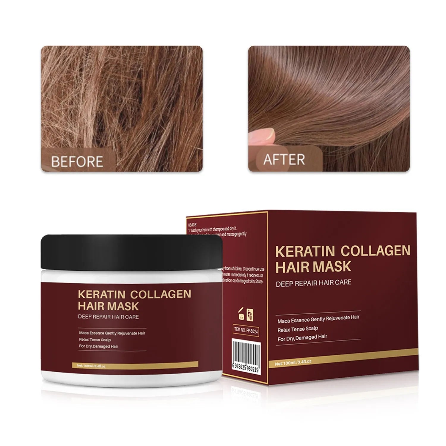 100ml bottle of collagen hair mask for moisturising and repairing dry, damaged hair.