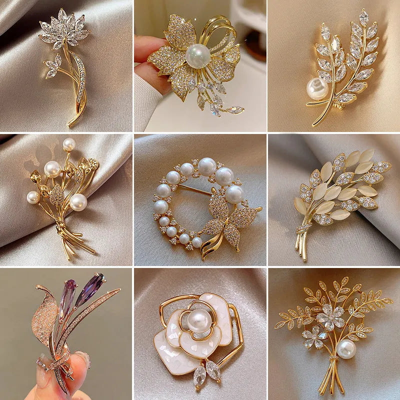 Alloy brooch in natural flower shape with electroplated finish, featuring adjustable and anti-exposure pin closure for women's coats and suits.