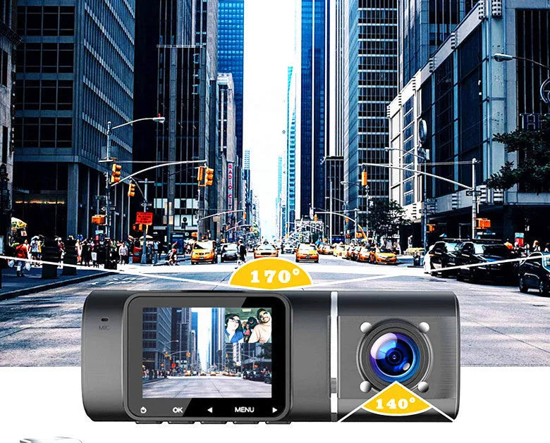 Black dual-channel car dash camera with 1.5-inch screen for front and rear recording.
