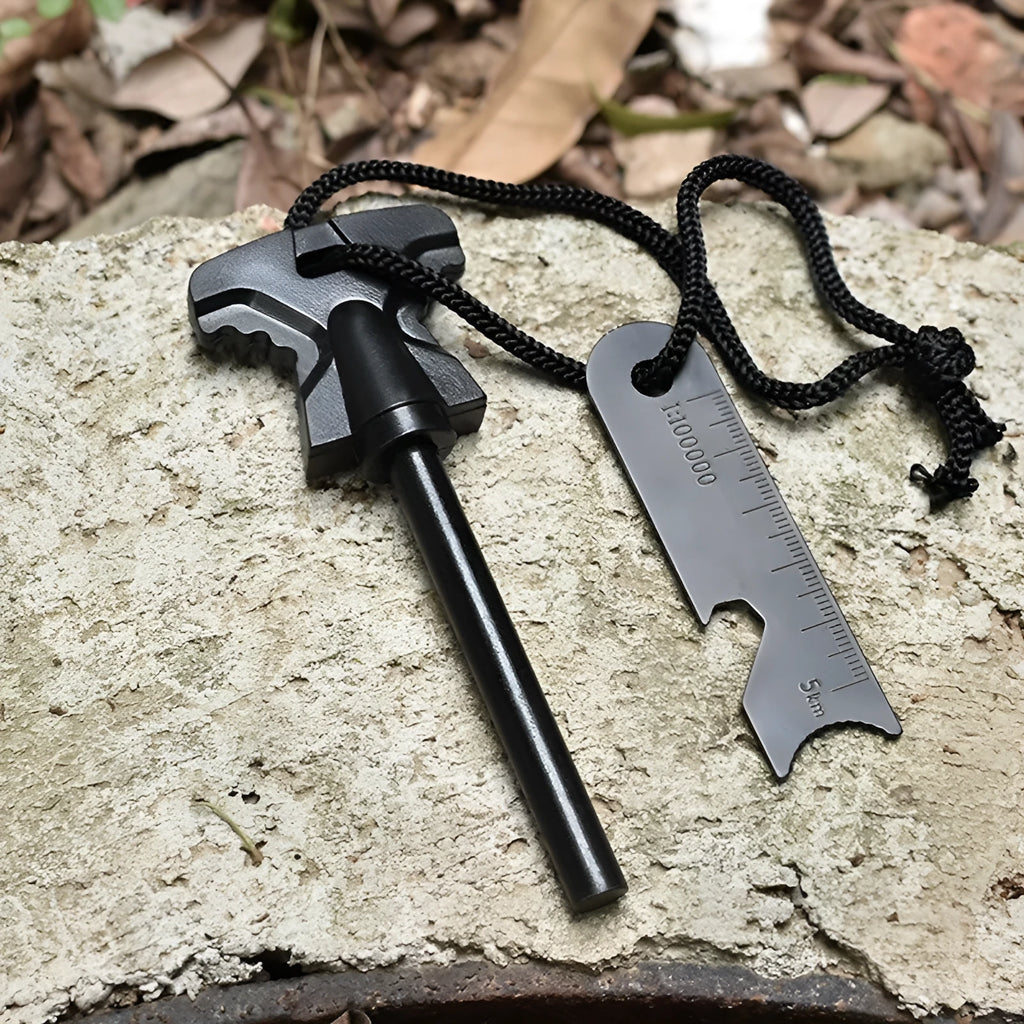 Butterfly-shaped stainless steel firestone survival tool with integrated bottle opener measuring 117x43mm