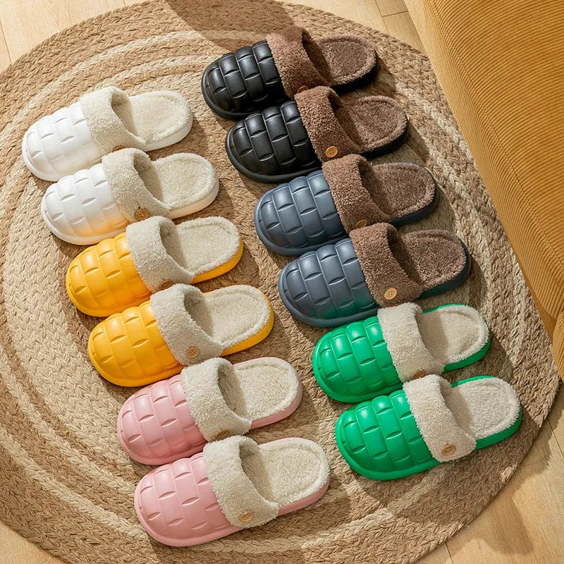 Women's pink detachable sole plush house slipper with round toe and flat heel