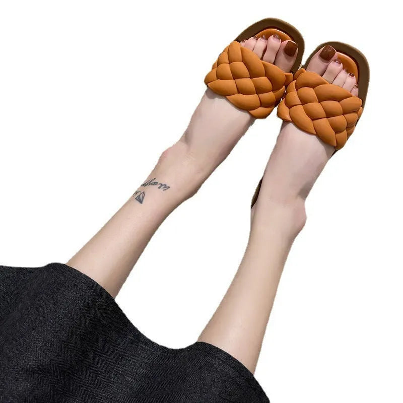 Women's plaid pattern casual sandals with thick PVC anti-skid sole in black, green, orange, and white colours.
