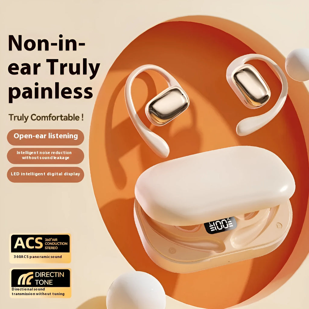 Wireless ear-mounted headphones with digital display screen in three colours