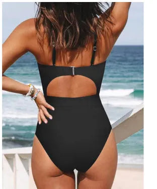 Women's black backless one-piece swimsuit made from high elasticity polyester fabric