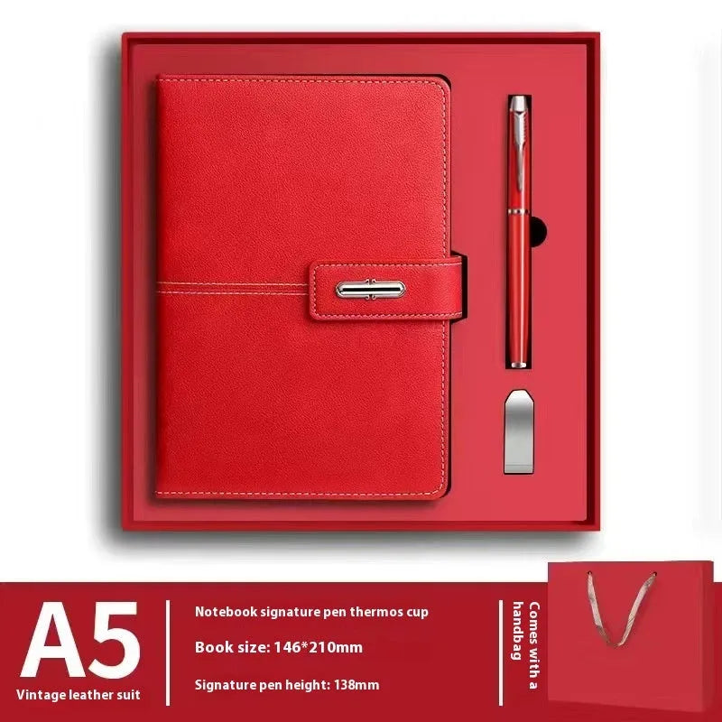 Custom A5 notebook with imitation leather cover in Business Black showing wood-free paper interior pages