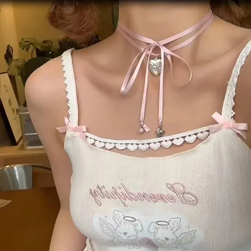 Women's love pendant necklace with ribbon detailing on alloy clavicle chain