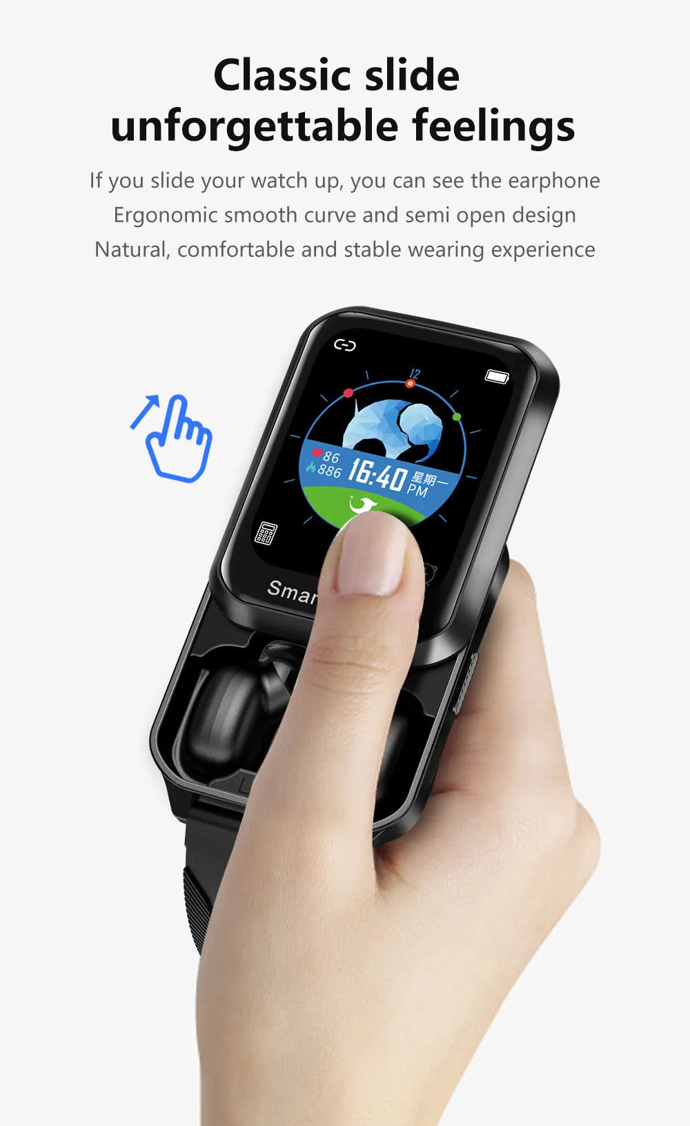 Smart bracelet with split screen display showing call interface on black silicone wristband