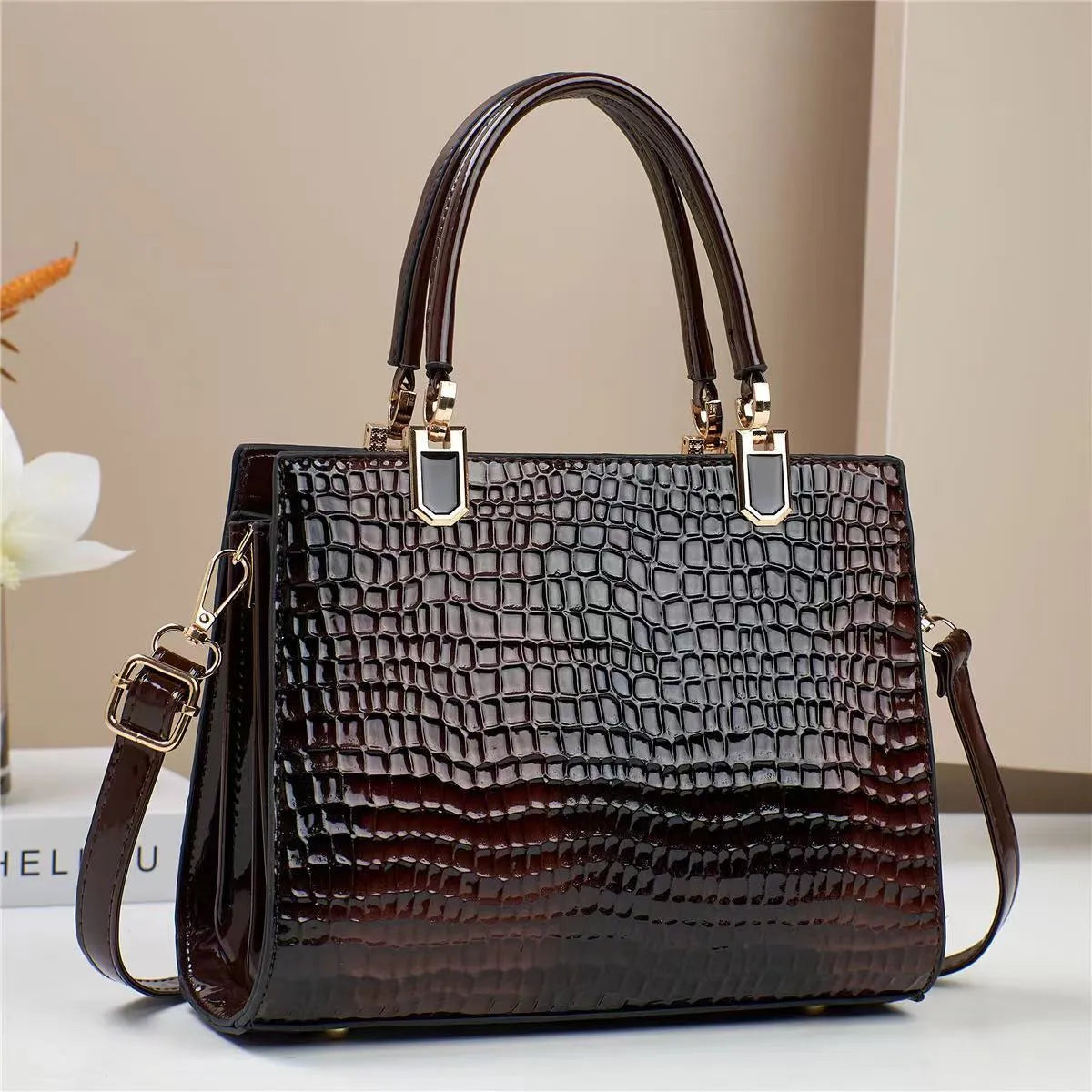 Women's soft PU one shoulder hand-carry mum bag in horizontal square design with zip compartments