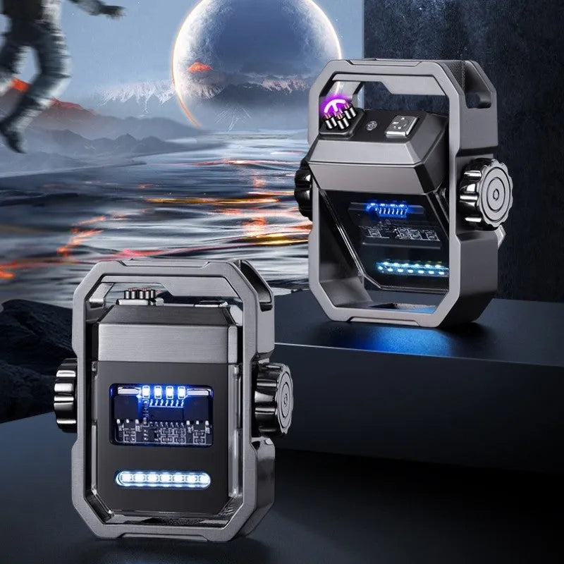 Blue Pulse double arc windproof electric lighter with mechanical gyroscope and USB Type-C charging port.