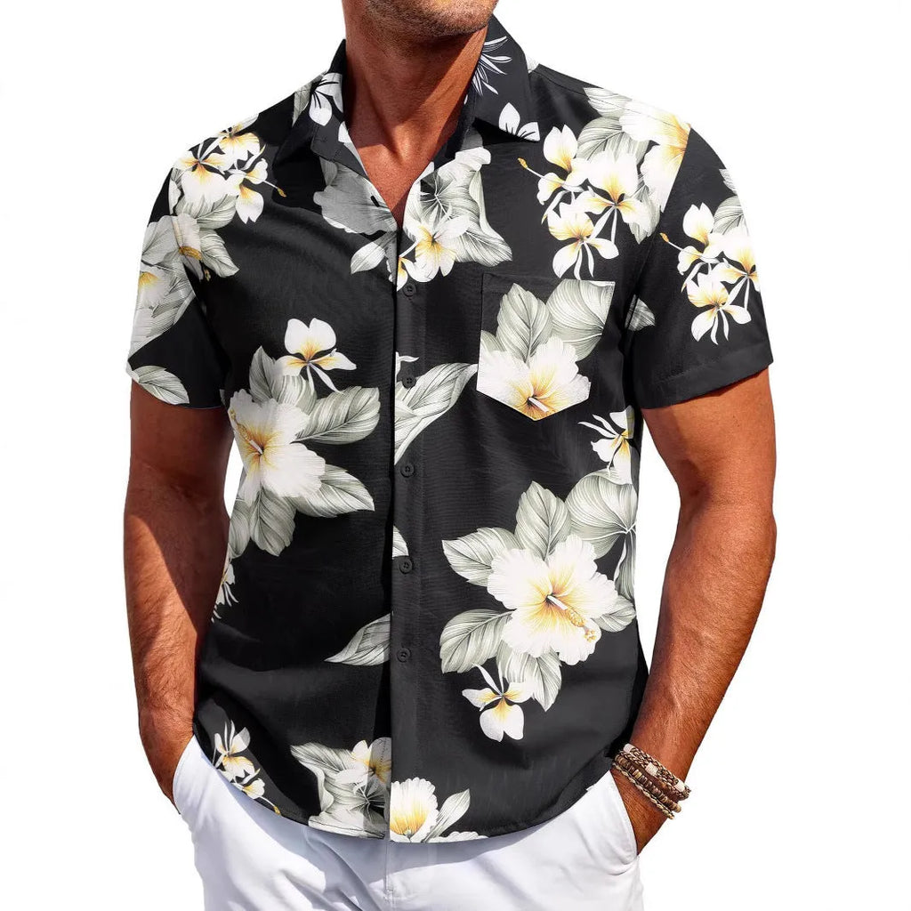 Men's slim fit Hawaiian short sleeve shirt in stretch polyester fabric showing colour options