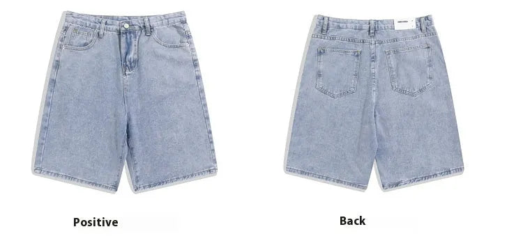 Men's light blue denim shorts with a straight-leg cut and five-point design on a mid-waist.