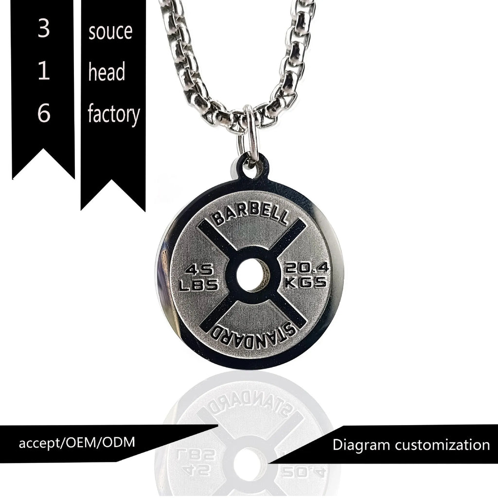 Polished stainless steel geometric barbell disk necklace on a choice of 60cm chains.