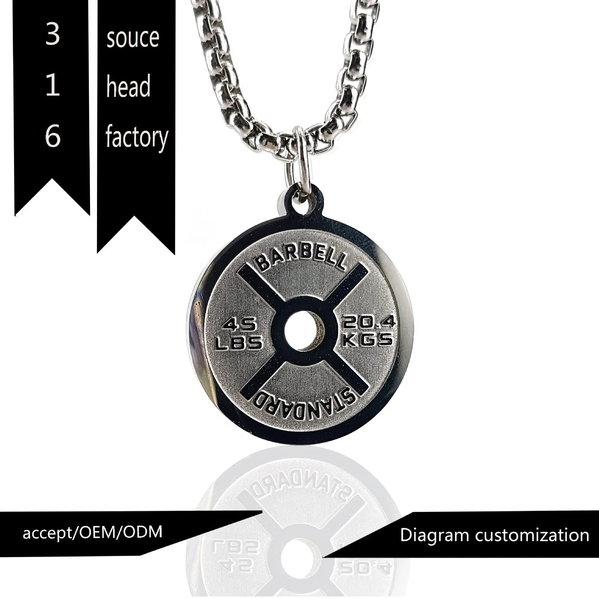 Polished stainless steel geometric barbell disk necklace on a choice of 60cm chains.