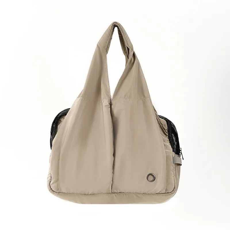 Apricot cloth pet summer breathable handbag carrier measuring 41cm by 16cm by 28cm