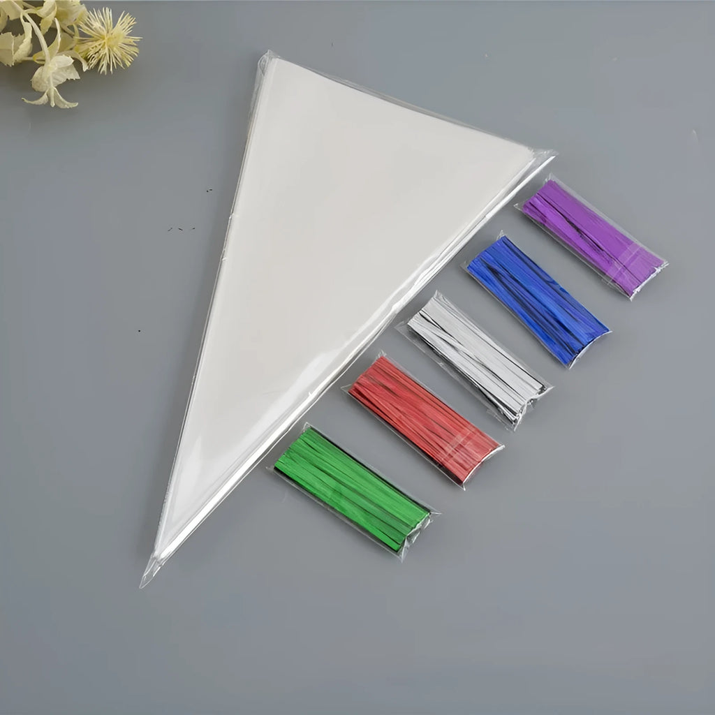 Clear triangle-shaped plastic bag with a twisted metal tie wire closing the top.