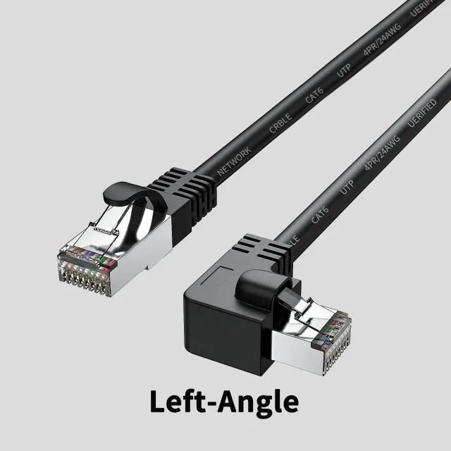 Cat6 Ethernet cable with angled RJ45 connectors in various colours and lengths on a grey background