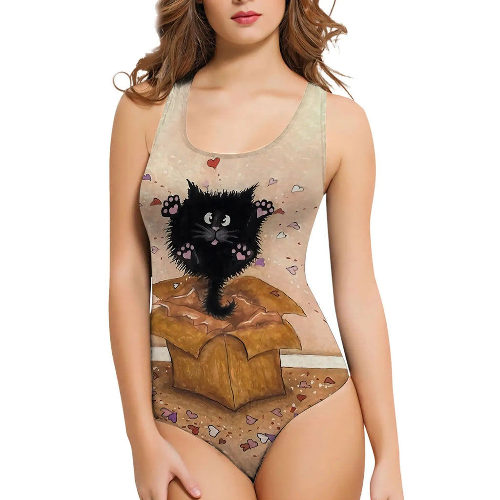 Women's one-piece swimsuit with 3D printed floral and insect pattern on polyester fabric.
