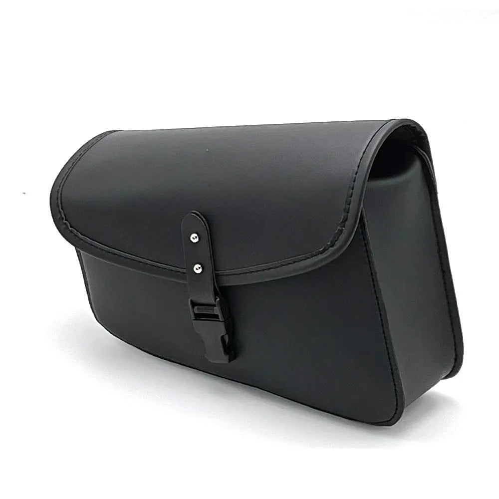 Black PU leather swingarm saddlebag mounted on a Harley Davidson Sportster motorcycle.
