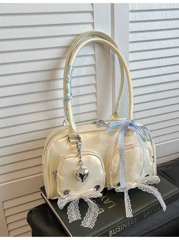 Beige soft PU casual shoulder bag with double straps and horizontal square shape showing mobile phone compartment