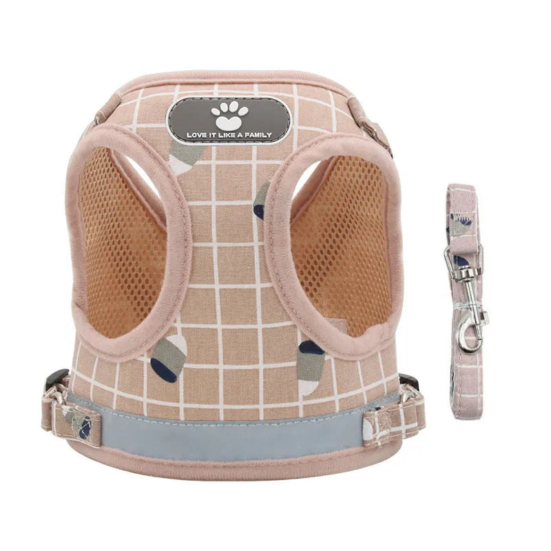 Polyester dog chest strap harness in red reflective small-hole colour, front view on white background