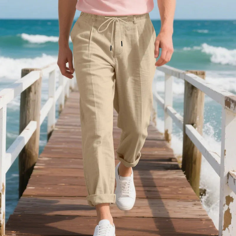 Men's linen casual trousers in loose straight fit with drawstring waist in various colours