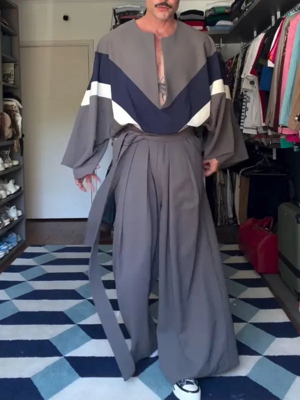 Grey colour-block top with cream front panel and matching wide-leg pants with elastic waistband on a model