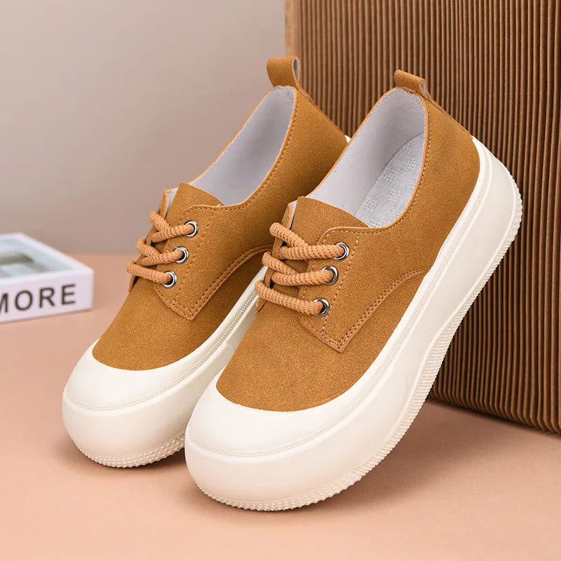 Women's camel suede platform loafers with 4cm heel, round toe, and front lace-up on a rubber sole.