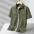 Solid colour short sleeve men's cotton blend work shirt in khaki, loose cardigan fit with non-iron finish