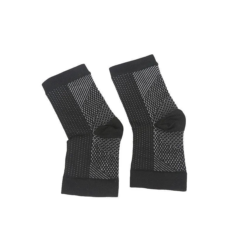 Open-toe compression foot sleeves in white and black nylon spandex with arch and ankle support for sports