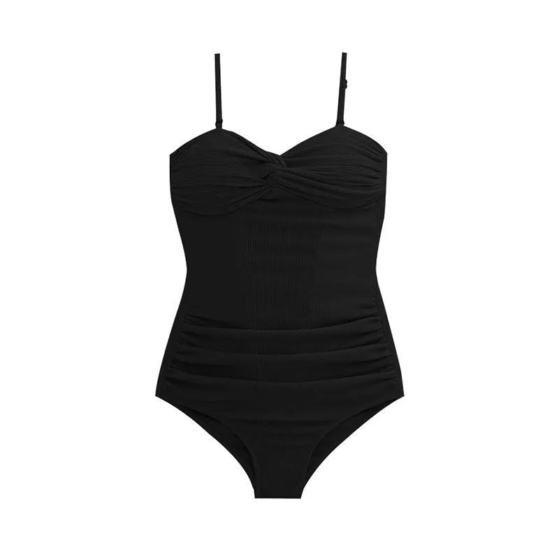 Women's black suspender-style one-piece swimsuit with high-waist design on a mannequin