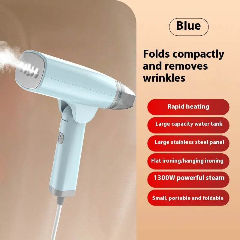 Blue and white handheld garment steamer unit showing compact design with water tank and steam nozzle