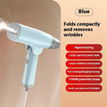 Blue and white handheld garment steamer unit showing compact design with water tank and steam nozzle