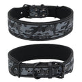Reflective camouflage nylon dog collar in blue on a light background showing three size options