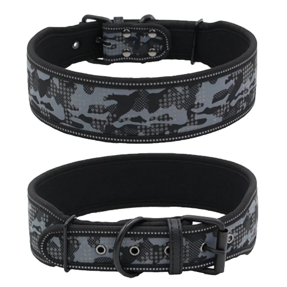 Reflective camouflage nylon dog collar in blue on a light background showing three size options