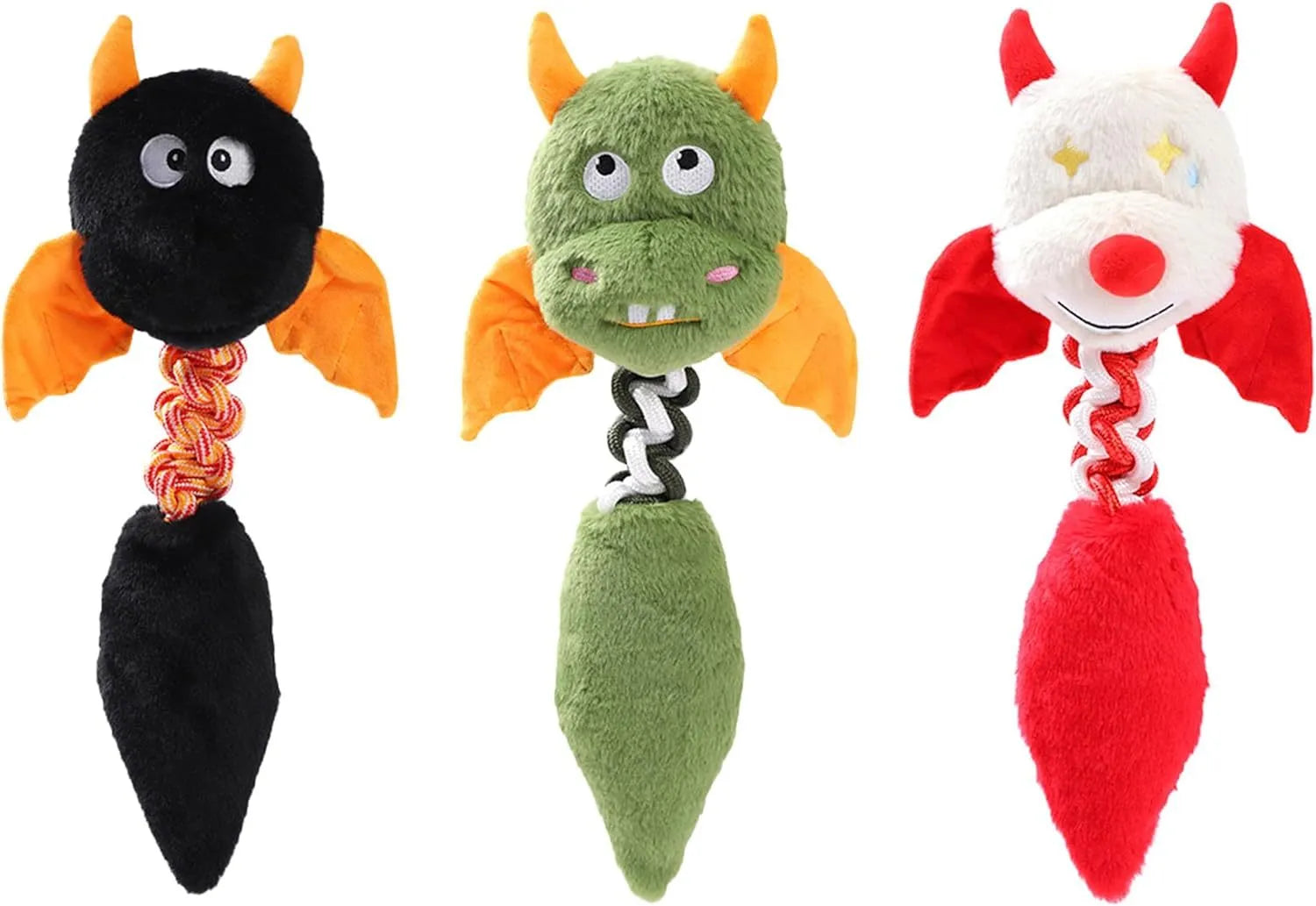 Large black plush dog toy with rope knot, shown next to a red and green version.