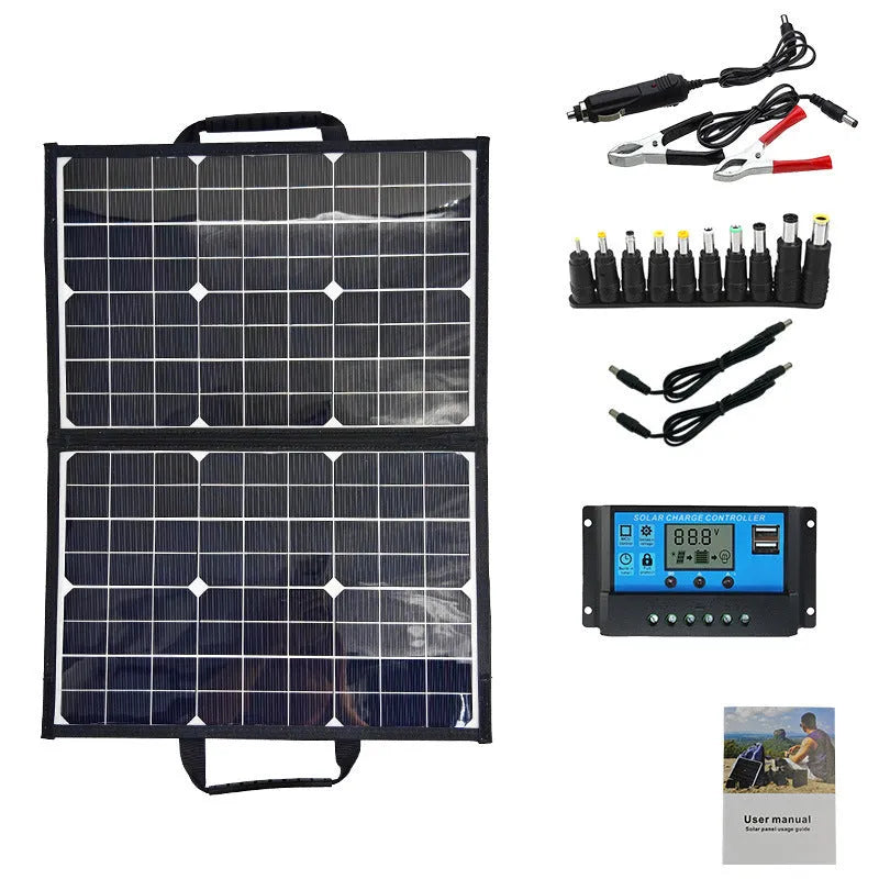 Black 40W monocrystalline solar panel in folded bag design showing compact 425mm by 285mm dimensions