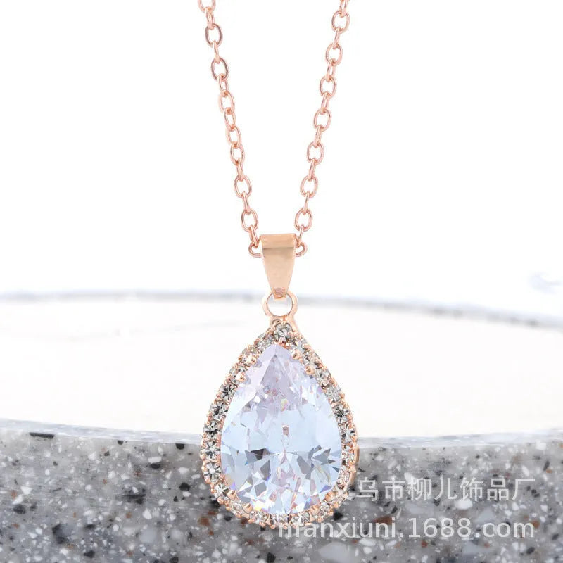Women's rose gold water drop rhinestone necklace with geometric design and artificial gemstone inlay