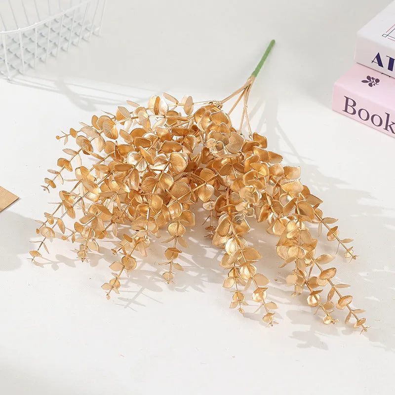 Gold plastic Persian eucalyptus and ginkgo leaf artificial flower arrangement for wedding decor