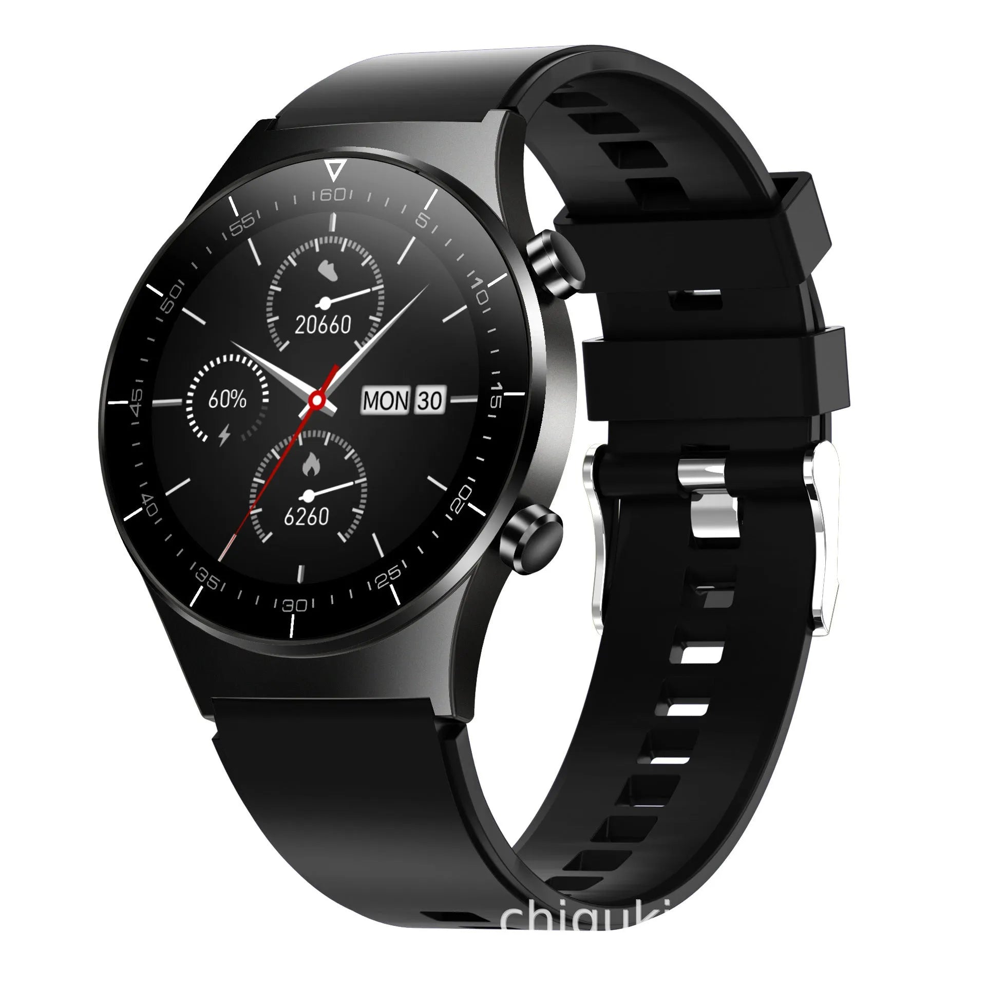 Black smart watch with 1.3-inch screen showing heart rate and blood pressure monitoring display