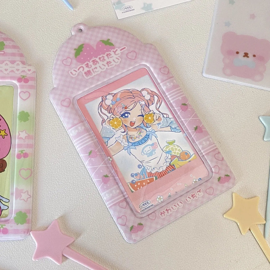 Cartoon strawberry design PVC meal card holder measuring 7.6cm by 13.6cm