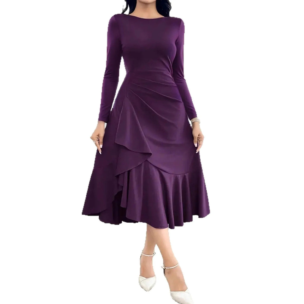 Purple women's long sleeve dress with ruffles and mid-waist design