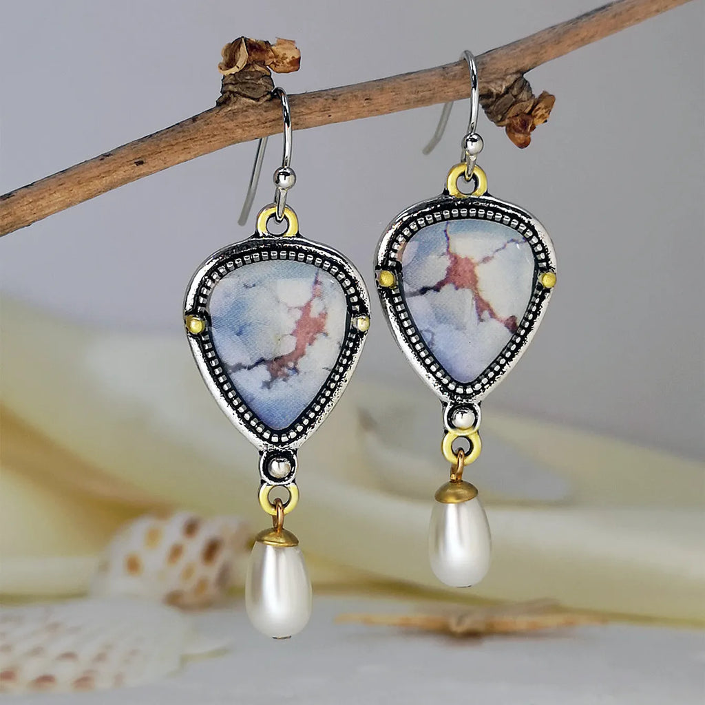 Retro blue Bohemian drop earrings with synthetic opal and pearl accents, 49mm length