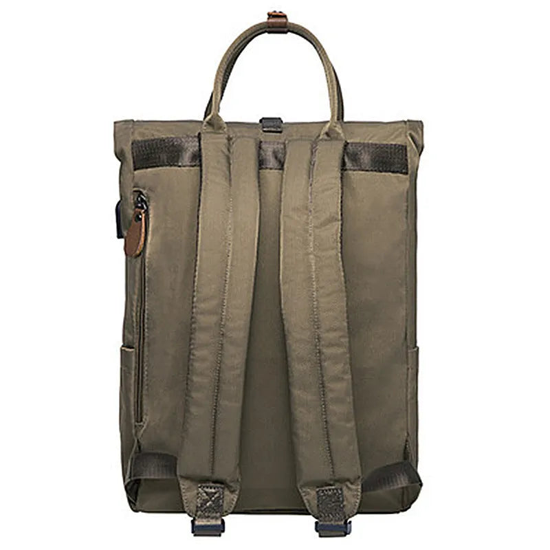 Men's casual polyester backpack in black showing cover-type opening and laptop pocket