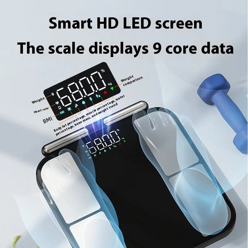 Black electronic weighing scale with tempered glass platform and colour screen display showing body composition metrics