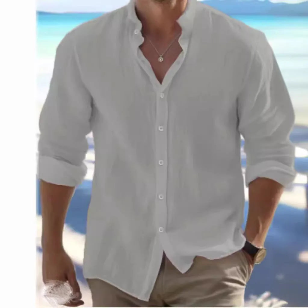 Men's casual long-staple cotton button-up summer shirt on a hanger.