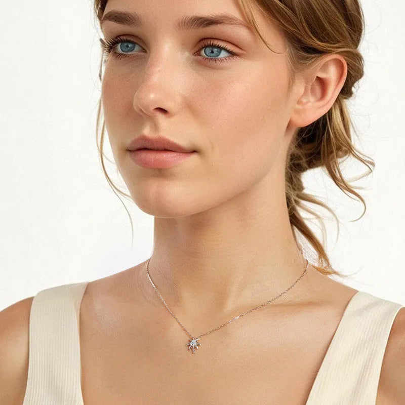 925 sterling silver white gold plated coconut tree necklace with opal pendant on O-shaped chain