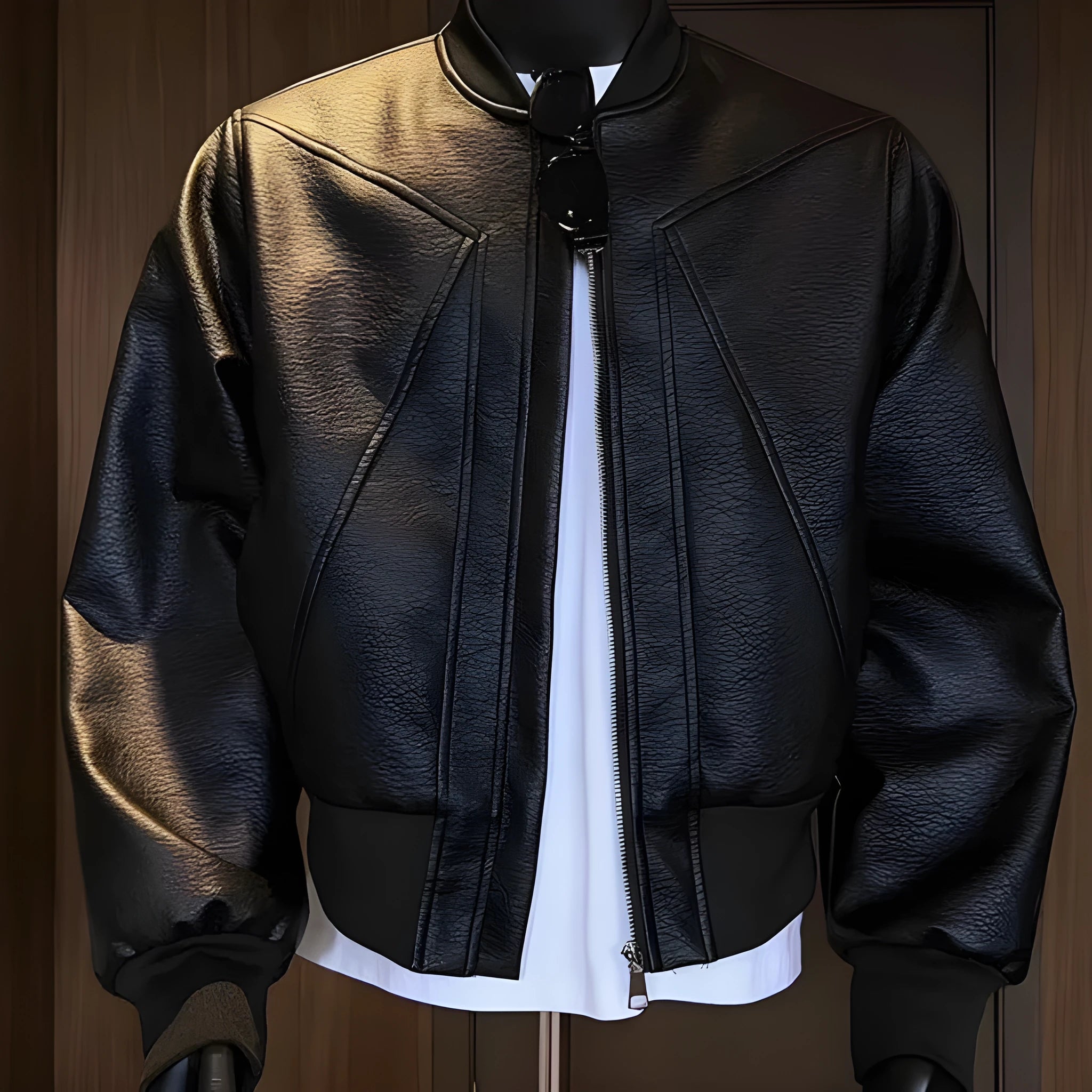 Men's extended 100cm black PU leather jacket with litchi grain texture in tight-fit design