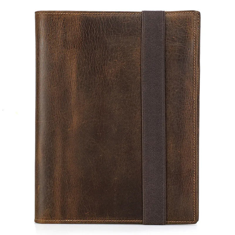 Brown Crazy Horse leather A5 notebook protective sleeve with square design and socket-type closure
